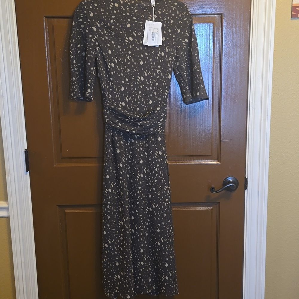 Stockholm Atelier-Brn/tan crinkled short sleeved A line dress with band S 6 NWT.
